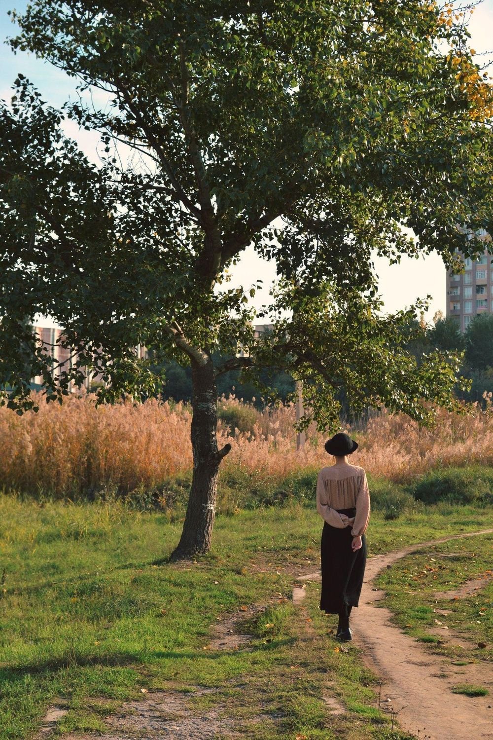 Woman walking along a path through a field on an autumn afternoon